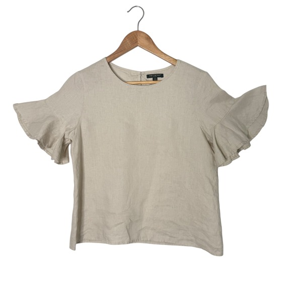 For Cynthia 100% Linen‎ Ruffle Sleeve Top Womens MP Minimalist BOHO Neutral - Picture 1 of 9